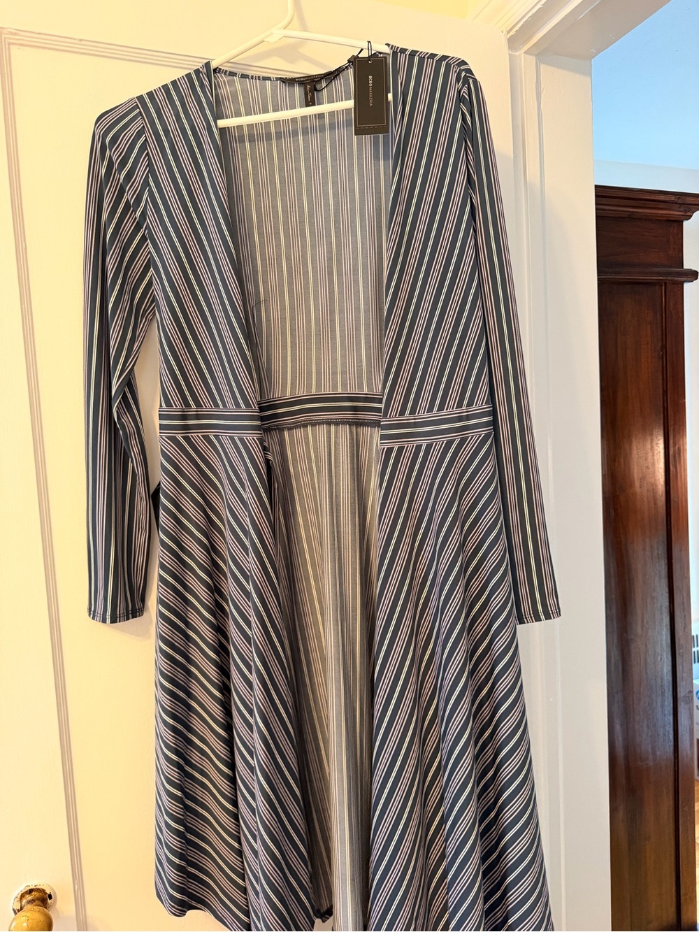 BCBGMaxAzria Navy and White Striped Long-Sleeve Fit-and-Flare Dress